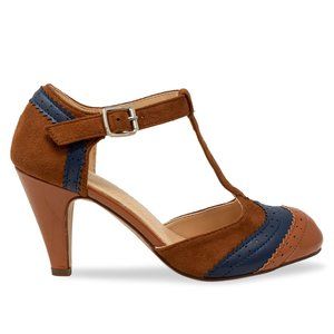 Tan/Navy T-Strap Two Tone Women's Retro Heels